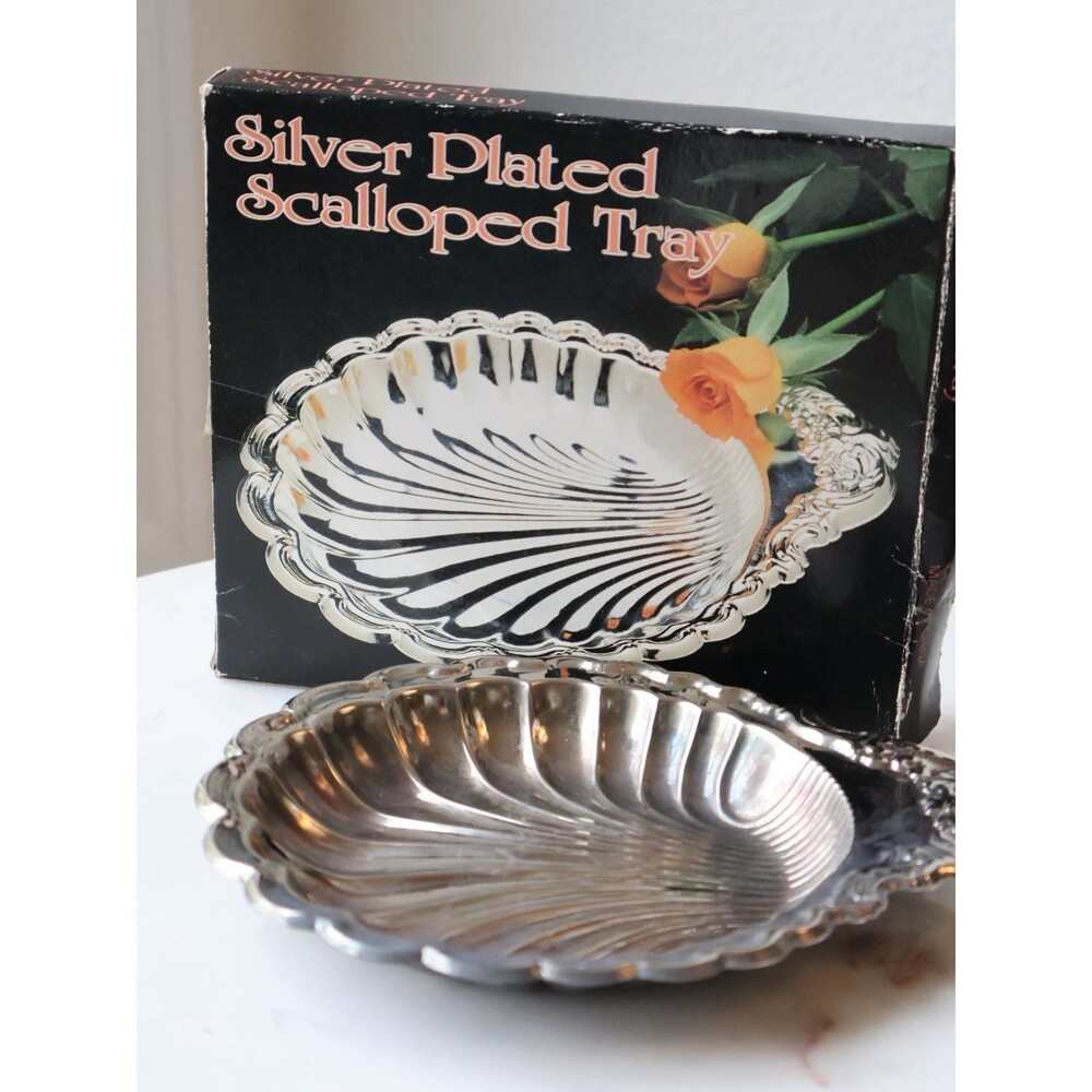 Vintage Silver Plate Serving Shell Dish Trinket Entryway Tray Art Deco